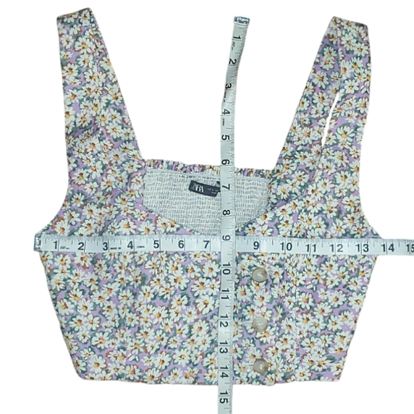 Zara Linen Blend Ditsy Floral Smocked Back Button Front Crop Top S Purple White - Picture 14 of 16